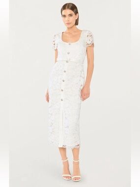 $298 Likely Dilana Dress White Lace Midi Cap Sleeve Belted Crystal Button 14